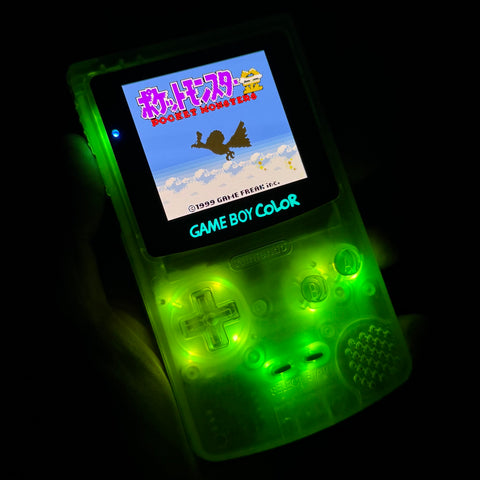 Glow Neon Green/Opal/Sky Blue XL IPS Backlit Nintendo Gameboy Color with LED backlit buttons & rechargeable battery mod